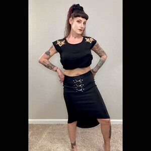 Lip Service Black Gangster Prankster Pencil Skirt Buckles Stretch Goth Pinup L
